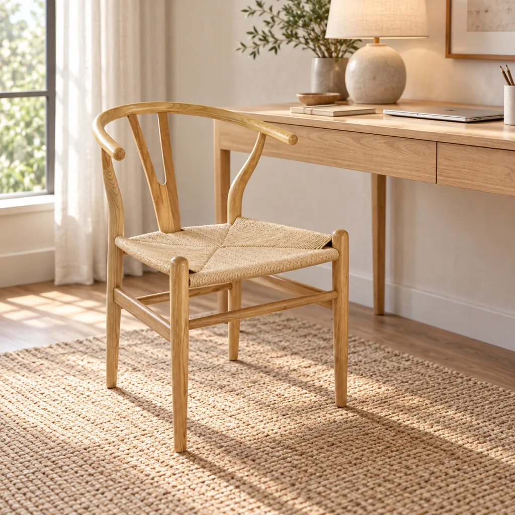 Silla de madera con asiento tejido junto a un escritorio