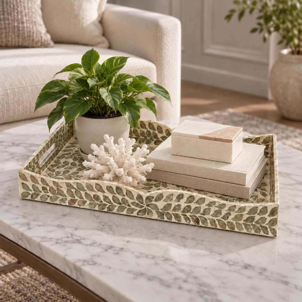 Bandeja rectangular de hojas D5604 sobre mesa de mármol, decorada con planta, libros y coral blanco