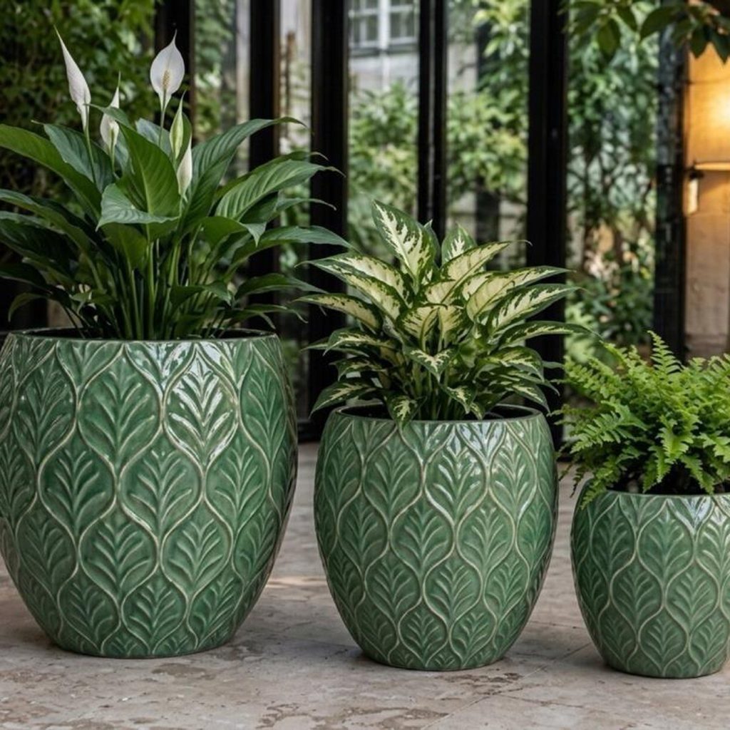 MACETA CERAMICA VERDE HOJAS M
