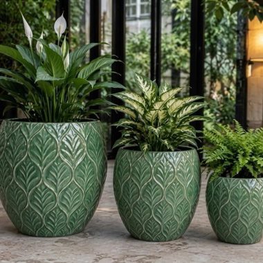 MACETA CERAMICA VERDE HOJAS S