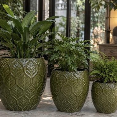 MACETA CERAMICA VERDE LIMON HOJAS S