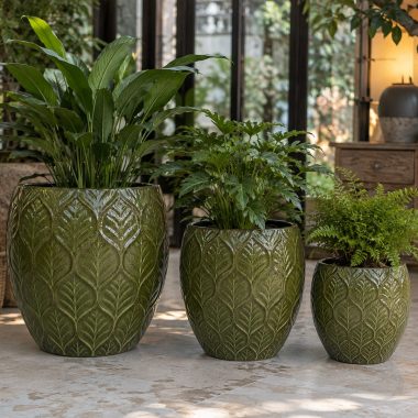 MACETA CERAMICA VERDE LIMON HOJAS S