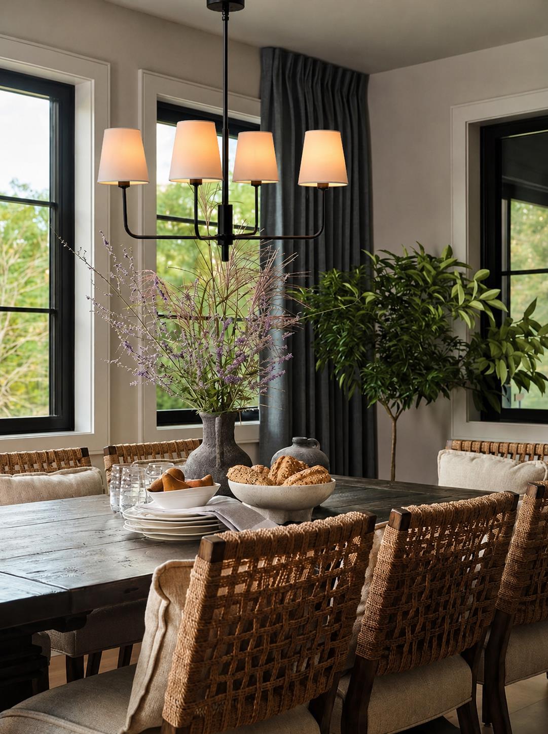LAMPARA 4 LUCES NEGRA Y PANTALLAS 66X42