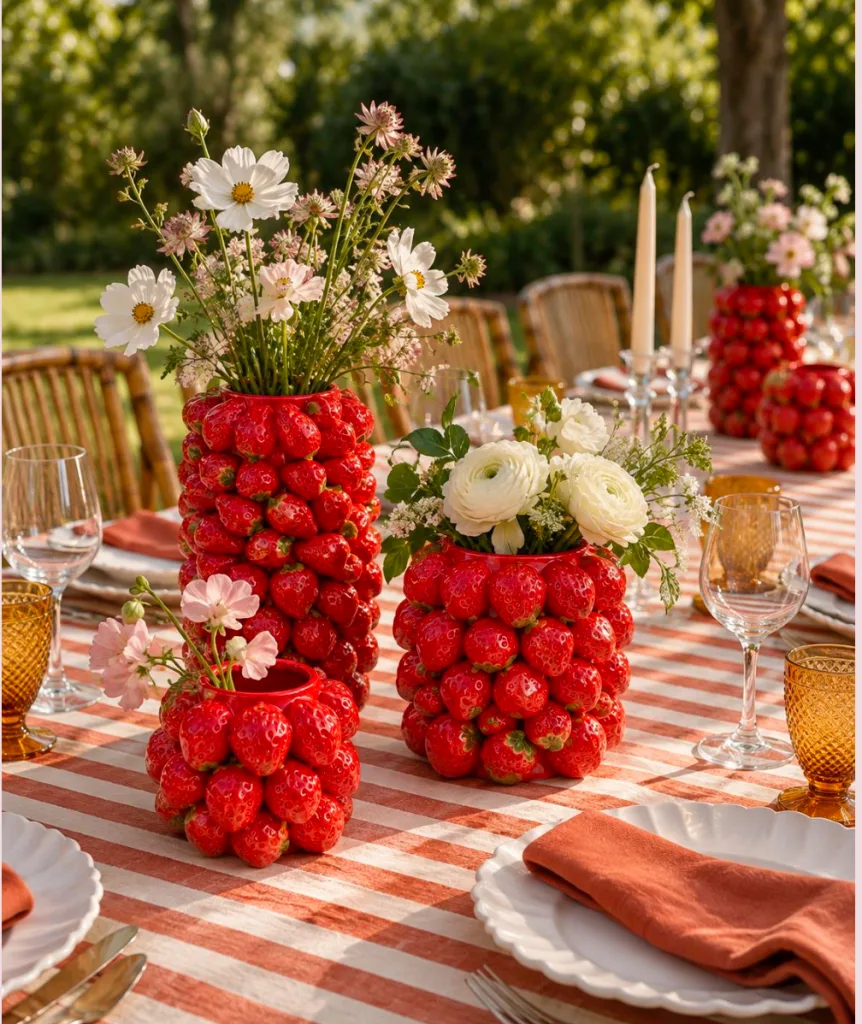 Jarrones de fresas con flores en mesa exterior, imagen completa