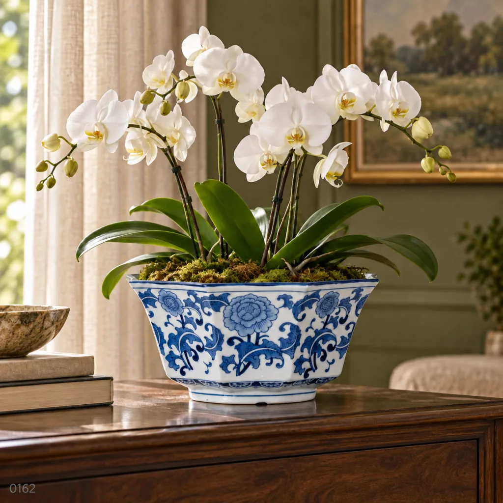 Bowl de porcelana azul y blanco KAAS 0162 con arreglo de orquídeas blancas