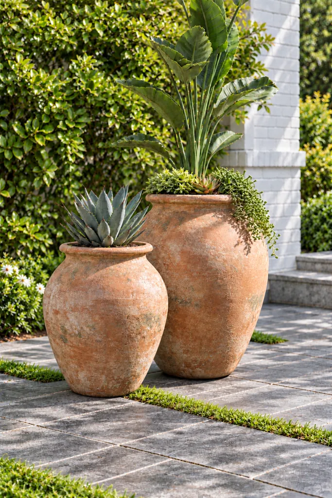 Dos macetas de terracota envejecida centradas en un patio de piedra, con agave y plantas tropicales